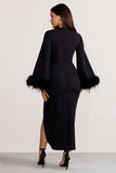 Jenna Black Plunge Midi Dress with Feather Trim Wide Sleeves and Front Tie Drape
