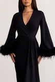 Jenna Black Plunge Midi Dress with Feather Trim Wide Sleeves and Front Tie Drape