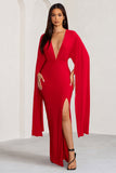 Maggie Red Plunge Neck Maxi Dress with Cape Sleeves and Thigh Split