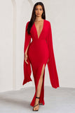 Maggie Red Plunge Neck Maxi Dress with Cape Sleeves and Thigh Split