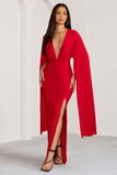 Maggie Red Plunge Neck Maxi Dress with Cape Sleeves and Thigh Split