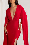 Maggie Red Plunge Neck Maxi Dress with Cape Sleeves and Thigh Split