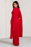 Maggie Red Plunge Neck Maxi Dress with Cape Sleeves and Thigh Split