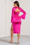 Zaina Hot Pink Long Sleeve Midi Dress with High Neckline