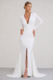 Demure White Ruched Long-Sleeved Split Fishtail Maxi Dress