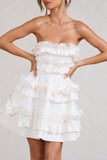 Rosette White Ruffled Bandeau Mini Dress