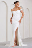 Harmony White Ruched Bardot Split Fishtail Maxi Dress