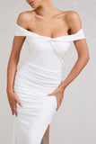 Harmony White Ruched Bardot Split Fishtail Maxi Dress