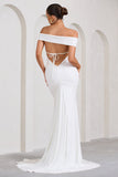 Harmony White Ruched Bardot Split Fishtail Maxi Dress