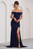 Harmony Navy Ruched Bardot Split Fishtail Maxi Dress