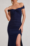 Harmony Navy Ruched Bardot Split Fishtail Maxi Dress