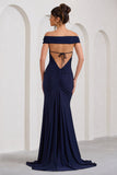 Harmony Navy Ruched Bardot Split Fishtail Maxi Dress