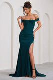Harmony Bottle Green Ruched Bardot Split Fishtail Maxi Dress