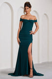 Harmony Bottle Green Ruched Bardot Split Fishtail Maxi Dress