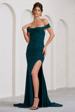 Harmony Bottle Green Ruched Bardot Split Fishtail Maxi Dress