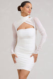 Bouquet Toss White Ruched Mesh Long-Sleeved Mini Dress
