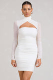 Bouquet Toss White Ruched Mesh Long-Sleeved Mini Dress