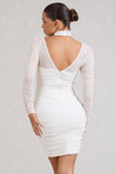 Bouquet Toss White Ruched Mesh Long-Sleeved Mini Dress