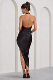 Marquise Black Satin Halter Midi Dress With Diamante Trim