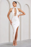 Marquise Cream Satin Halter Midi Dress With Diamante Trim