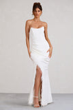 Say Yes White Corset Maxi Dress With Split Feather Skirt