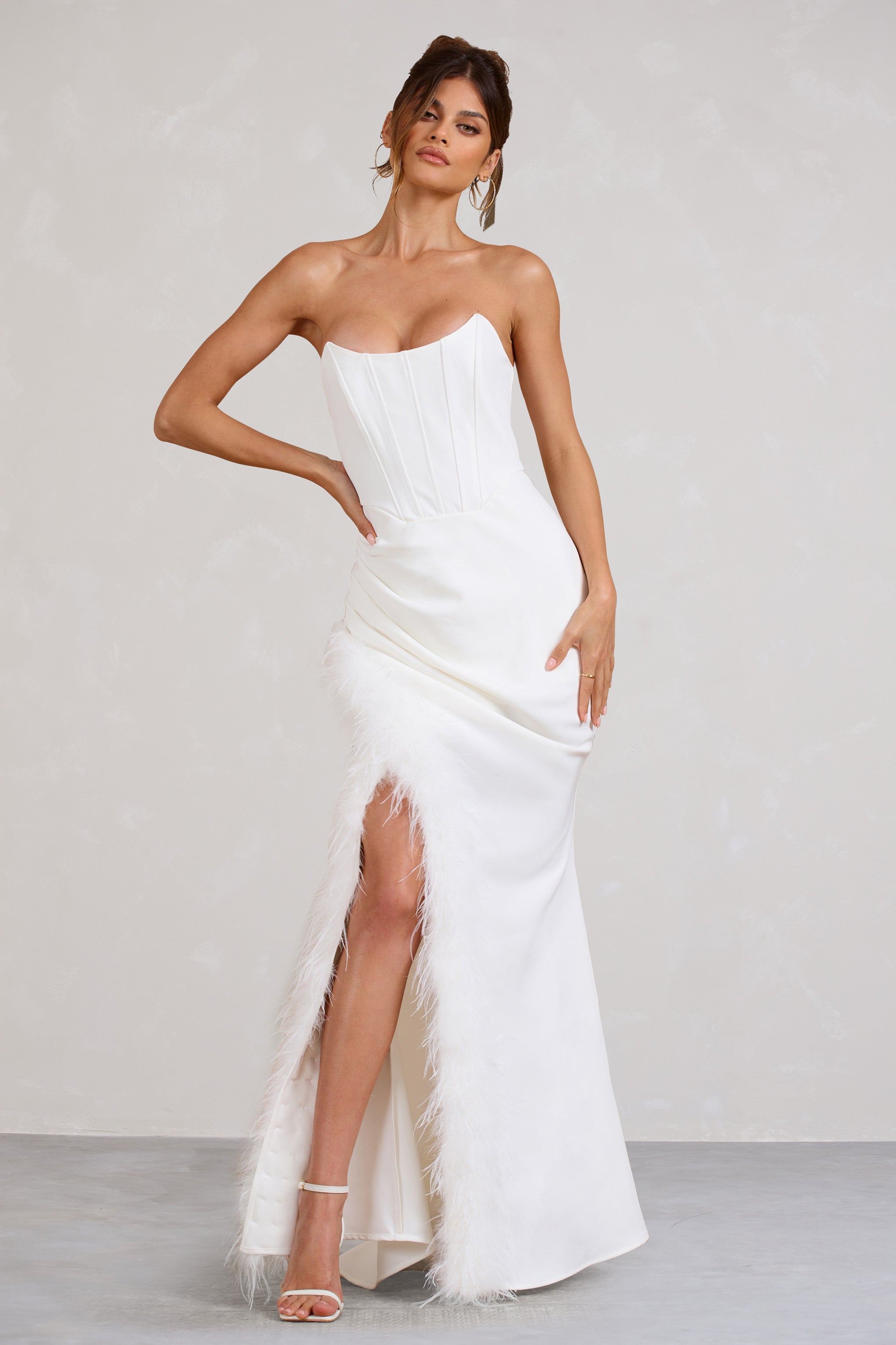 Say Yes White Corset Maxi Dress With Split Feather Skirt