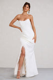 Say Yes White Corset Maxi Dress With Split Feather Skirt