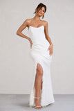 Say Yes White Corset Maxi Dress With Split Feather Skirt