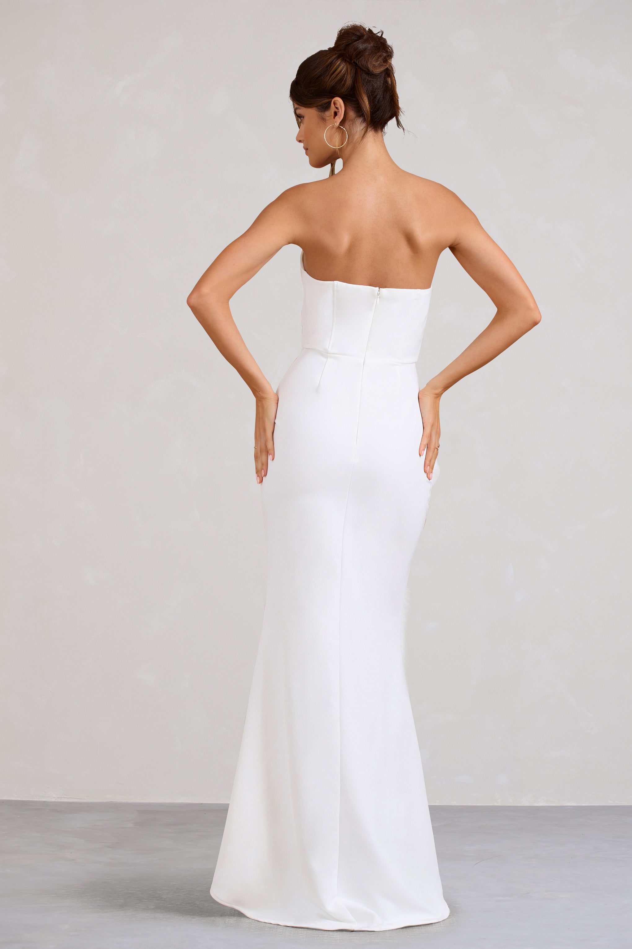Say Yes White Corset Maxi Dress With Split Feather Skirt