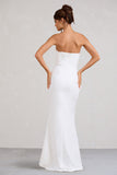 Say Yes White Corset Maxi Dress With Split Feather Skirt