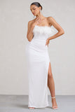 Old Money White Bodycon Sequin Maxi Dress With Feather Trim