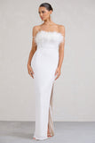 Old Money White Bodycon Sequin Maxi Dress With Feather Trim