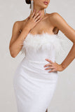 Old Money White Bodycon Sequin Maxi Dress With Feather Trim