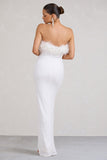 Old Money White Bodycon Sequin Maxi Dress With Feather Trim