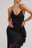 Ladyship Black Lace Asymmetric Ruffled Maxi Dress
