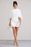 Of The Manor White Gathered Mini Dress With Feather Cape