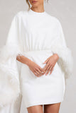 Of The Manor White Gathered Mini Dress With Feather Cape