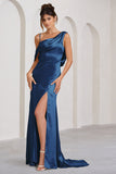 Jayne Navy Satin Asymmetric Draped Split Maxi Dress