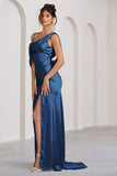 Jayne Navy Satin Asymmetric Draped Split Maxi Dress