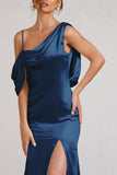 Jayne Navy Satin Asymmetric Draped Split Maxi Dress