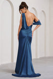 Jayne Navy Satin Asymmetric Draped Split Maxi Dress