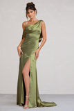 Jayne Olive Satin Asymmetric Draped Split Maxi Dress