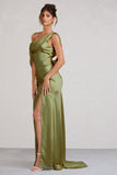 Jayne Olive Satin Asymmetric Draped Split Maxi Dress