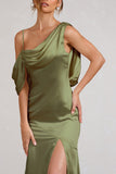 Jayne Olive Satin Asymmetric Draped Split Maxi Dress