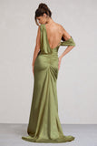 Jayne Olive Satin Asymmetric Draped Split Maxi Dress
