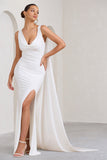 A Toast White Split Maxi Dress With Draped Cape