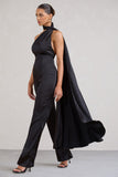 Cascada Black Satin Wide Leg Jumpsuit With Statement Scarf Neck