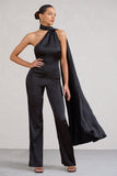 Cascada Black Satin Wide Leg Jumpsuit With Statement Scarf Neck