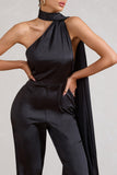 Cascada Black Satin Wide Leg Jumpsuit With Statement Scarf Neck