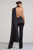 Cascada Black Satin Wide Leg Jumpsuit With Statement Scarf Neck
